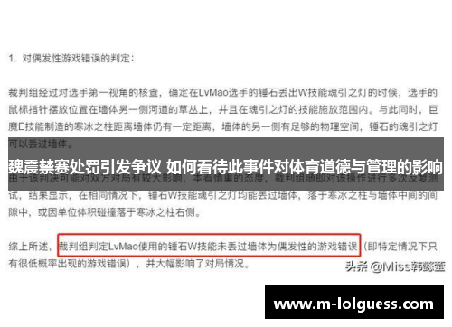 魏震禁赛处罚引发争议 如何看待此事件对体育道德与管理的影响